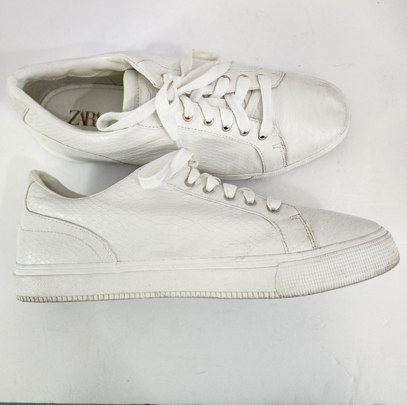 Zara Men's White Textured Lace Up Low Top Causal Sneakers Summer Shoes, sz 44 - Picture 9 of 12